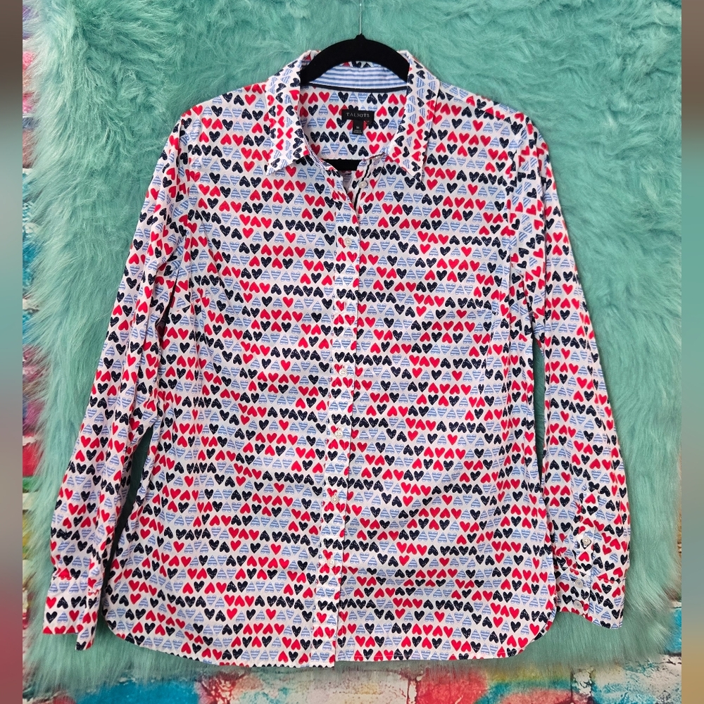 Talbots Red and Blue, long sleeve, Heart Print buttoned Down Top. Size M